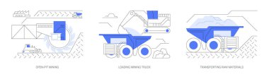 Madencilik endüstrisi soyut konsept vektör çizimi seti. Açık madencilik, çöp kamyonu yükleme, hammadde nakli, kaya veya mineral çıkarma, ağır makine soyut metaforu.