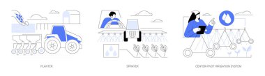 Tarım makineleri soyut konsept vektör çizimi seti. Tohum eken çiftçi, sprey makinesindeki çiftçi bitkilere bitki öldürücü, merkez-pivot sulama sistemi soyut metafor kullanıyor..