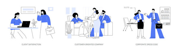 Corporate culture abstract concept vector illustration set. Client satisfaction, customer-oriented company, corporate rules and dress code, business etiquette, company rules abstract metaphor.
