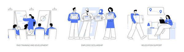 Employee education abstract concept vector illustration set. Paid training and development, employee scolarship, relocation support, tuition assistance program, loan payment abstract metaphor.