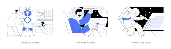 宇宙抽象概念矢量图集 宇航员在宇宙飞船驾驶舱 驾驶航天器 开放空间工作 微重力环境 空间探索等方面的培训 — 图库矢量图片