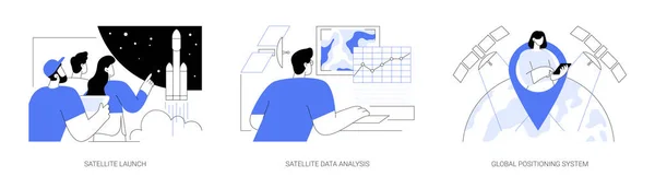 Communicatiesatellieten Abstract Concept Vector Illustratie Set Satellietlancering Data Analyse Globaal — Stockvector