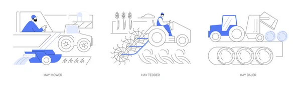 高效的农艺学抽象概念向量图集 割草机 曝气机 自动耙 农民在田里用草篮 农业机械抽象比喻 — 图库矢量图片