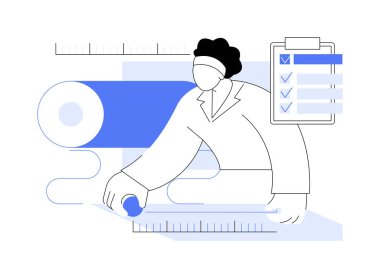 Küçülme kontrolü soyut konsept vektör çizimi. Terzi, kumaş rulosu, hafif sanayi, imalattaki küçülme, tekstil bitirme süreçlerindeki soyut metaforu ölçüyor.