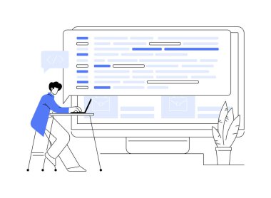Arka uç geliştirme soyut konsept vektör çizimi. Yazılım geliştirme süreci, bilgisayar uygulaması, program kodu, programlama dili. API ve arayüz kodu soyut metafor yazılıyor.