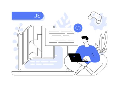 JavaScript soyut konsept vektör çizimi. Oyun motoru, JS geliştirme, web programlama, JavaScript dili, web sitesi projesi, mobil uygulama, dinamik kodlama süreci soyut metafor.