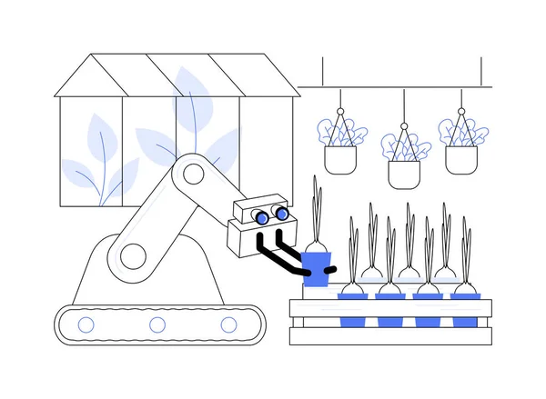 Robot Szklarnia Abstrakcyjna Koncepcja Wektor Ilustracji Roboty Zbierające Sadzonki Szklarni — Wektor stockowy