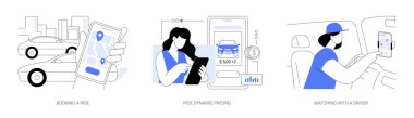 Rideshare şirketi soyut konsept vektör çizimi seti. Bir yolculuk rezervasyonu, dinamik fiyatlandırma, bir sürücüyle eşleşme, akıllı telefon uygulaması, taksi toplama noktası, ulaşım ağı soyut metaforu.
