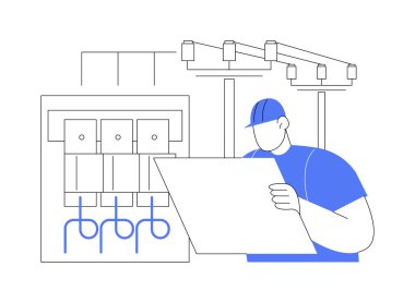 Elektrik mühendisi soyut konsept vektör çizimi. Mühendis elektrik tasarım planına, miğfer müteahhidine, ticari inşaata ve soyut metafora bakıyor..