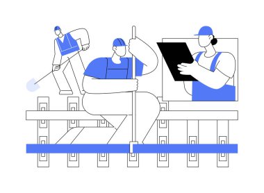 Demiryolu bakım soyut konsept vektör çizimi. Koruyucu giysili işçiler demiryolu hattını, endüstri mühendisliğini, altyapı binasını, müfettişler soyut metaforu onarıyor..