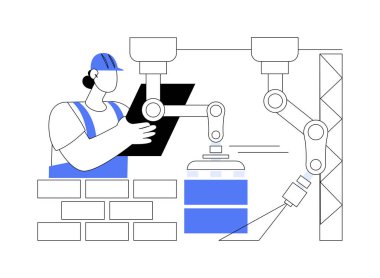 Yapım süreci otomasyon soyut konsept vektör çizimi. Tablet kontrollü mühendis inşa süreci, modern inşaat yeniliği, akıllı teknoloji soyut metaforu.