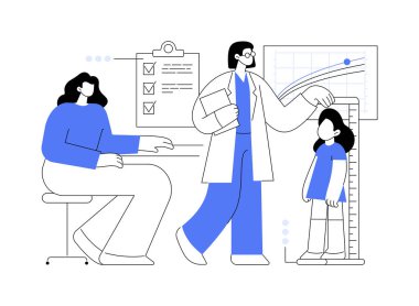 Boy ve ağırlık konsept vektör illüstrasyonunu ölç. Aile doktoru, çocukların boy ve kilolarını annelerin huzurunda ölçüyor, ilaç endüstrisi, kliniğe giriş yapan hasta soyut metaforu.
