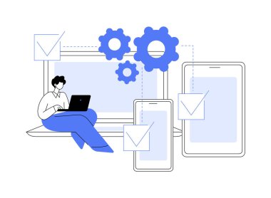 Platformlar arası gelişim soyut konsept vektör çizimi. Çapraz platform işletim sistemleri, uyumlu yazılım ortamları, mobil uygulama kullanıcı deneyimi, kod yazma soyut metaforu.
