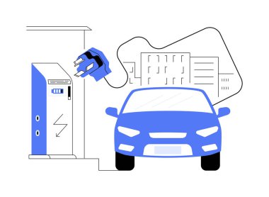 İstasyon soyut konsept vektör çizimi şarj ediliyor. Elektrikli araç, şarj noktası, prize takılı hibritler, alternatif yakıt, elektrik prizi, pil kapasitesi, güç soyut metaforu.