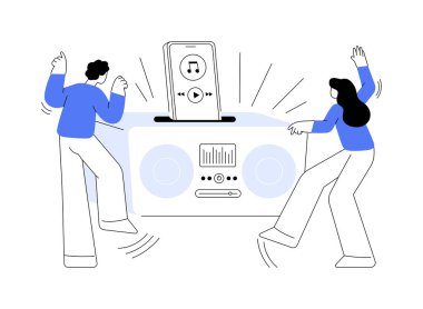 Kenetlenme istasyonu soyut konsept vektör çizimi. Ses doklama istasyonu, elektronik aygıt, müzik çal, şarj et, kulaklık tak, kablosuz hoparlör, ev ağı soyut metaforu.