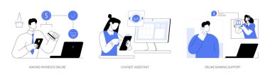Çevrimiçi bankacılık hizmeti soyut konsept vektör illüstrasyon seti. Ödemeleri çevrimiçi yapmak, ses sohbet robotu asistanı, çevrimiçi bankacılık desteği, finansal yardım, uzaktan danışmanlık soyut metaforu.
