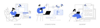 Kalite güvence ekibi soyut konsept vektör çizimi seti. Beta testi, otomatik test, hata raporu, uygulama geliştirme, yazılımın demo versiyonu, bilişim şirketi çalışanı soyut metaforu.
