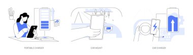 Akıllı telefon aksesuarları soyut konsept vektör illüstrasyon seti. Taşınabilir şarj aleti, araba montajı, cihazlar için otomotiv şarjı, güç bankası, mobil modern dijital teknoloji soyut metafor.