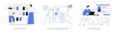 Akıllı telefon koruma aksesuarları soyut konsept vektör illüstrasyon seti. Akıllı telefon kılıfları ve ekran koruyucuları, özel telefon kılıfları, alet edevat aksesuarları yenilik endüstrisi soyut metaforlar.
