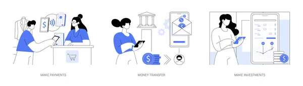 銀行アプリ抽象概念ベクトルイラストセット 支払い 投資を行い スマートフォンやオンラインアプリで銀行業務を行う 予算の成長抽象的なメタファー — ストックベクタ