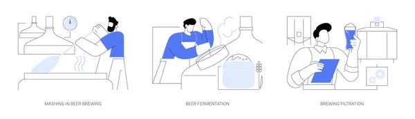 ビール生産抽象概念ベクトルイラストセット ビール醸造 アルコール飲料の発酵と蒸留 醸造濾過 麦芽とホップの成分抽象的なメタファー — ストックベクタ