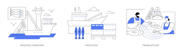 商業漁業抽象概念ベクトル図セット 海での産業漁船 港での販売のための箱での新鮮なキャッチ 抽象的な比喩釣りのためのネットを使用して人々 — ストックベクタ