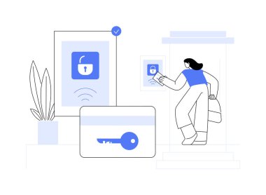 Erişim kontrol sistemi soyut konsept vektör çizimi. Erişim sınırlama sistemi, biyometrik kontrol çözümü, güvenlik yönetimi yazılımı, parmak izi okuyucu teknolojisi soyut metafor.