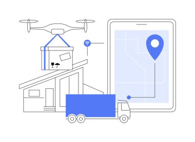 Özerk dağıtım soyut konsept vektör çizimi. İnsansız hava aracı teslimatı, insan teması yok, otomatik kurye servisi, otonom robot, otomatik sürücü aracı, kurye soyut metaforu olmadan.