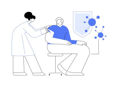 Yetişkinlerin soyut konsept vektör illüstrasyonunun dokunulmazlığı. Yaşlı bir adamın grip aşısı süreci, doktor bir kişiyi aşılaması, koronavirüs önleyici metafor.