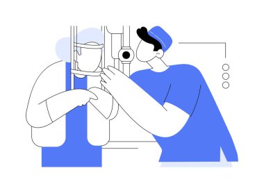 Kırılma testi soyut konsept vektör çizimi. Klinikte kırılma testi yaptıran yaşlı bir kadın, göz doktoru ziyareti, ortak göz işlemleri, tıp endüstrisi, göz muayenesi metaforu..