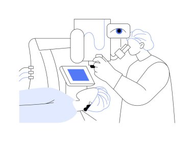 Lasik göz ameliyatı soyut konsept vektör çizimi. Oftalmolog, LASIK göz ameliyatı, miyopluk ve astigmatizm tedavisini kullanarak miyopluğu düzeltiyor..