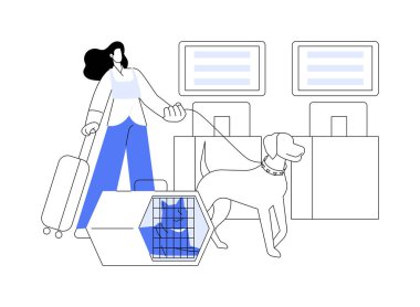 Soyut konsept vektör illüstrasyonuyla uçmak. Havaalanında köpeği olan bir kadın, havayolu taşımacılığı, ticari hava taşımacılığı, evcil hayvanlarla birlikte soyut metaforlar..