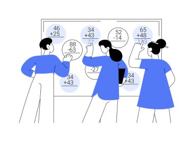 Etkileşimli beyaz tahta soyut konsept vektör çizimi. Çeşitli çocuklar etkileşimli projektör, akıllı sınıf aktivitesi, veri görselleştirmesi, diploma programları soyut metaforu kullanıyor..