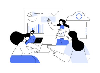 Senkronize erişim soyut konsept vektör çizimi. Planları birlikte tartışan bir grup insan, senkronize erişim uygulaması, akıllı sınıflar, veri görselleştirmeleri, diploma programları soyut metafor.