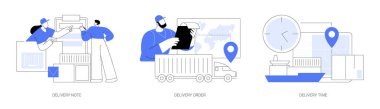 Third-party logistics abstract concept vector illustration set. Delivery note, order shipping, transportation time, clearance of goods, export business, international foreign trade abstract metaphor. clipart