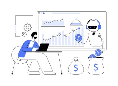 Soyut konsept vektör illüstrasyonunu finanse eden yapay zeka. Finansal robo danışmanı, yapay zeka, teknoloji tabanlı finans hizmeti soyut metafor.