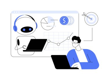 AI-güçlü pazarlama araçları soyut konsept vektör illüstrasyonu. AI-güçlü araştırma, pazarlama araçları otomasyon, e-ticaret araması, müşteri tavsiyesi, makine öğrenme soyut metaforu.