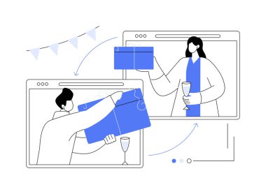 İnternette soyut konsept vektör illüstrasyonunu paylaşmak. Online kutlama, videodaki paketleri açma, kameraya selamlar gönderme, açılış hediyesi, sanal parti, eğlenceli soyut metaforu paylaşma..