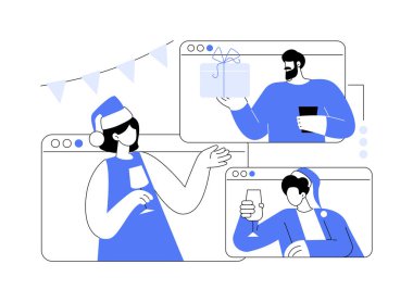 Sanal Tatil Partisi soyut konsept vektör çizimi. Çevrimiçi kutlama, sanal ofis partisi, oyunlar, dijital selamlama fikri, kurumsal etkinlik, karantina eğlence soyut metaforu.