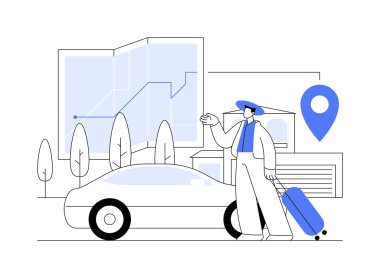 Yol gezisi soyut konsept vektör çizimi. Arabayla seyahat, yolculuk planlama platformu, kiralama servisi, GPS navigasyonu, gezintiler, yurtdışında yolculuk, soyut metafor bütçesi.