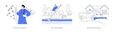 Özel ev bakımı konsept vektör çizimi seti. Haşere kontrolü, havuz bakımı, kar temizleme servisi, küf temizleme, kar temizleme makinesi, temizlik ve dezenfeksiyon soyut metaforu.