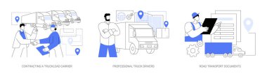 Taşımacılık şirketi soyut konsept vektör çizimi seti. Bir kamyon dolusu taşıyıcı, profesyonel kamyon şoförü CMR, karayolu taşımacılığı belgeleri, soyut metaforla ulaşım.