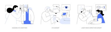 Atomik cerrahi soyut konsept vektör çizimi seti. Teşhis göz durumu, göz ameliyatı, lazer görme düzeltmesi, katarakt ve glokom tedavisi, optometri soyut metaforu.