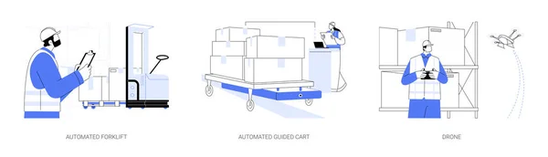 自動ガイド車抽象概念ベクトルイラストセット 自動フォークリフト 自動運転カート 卸売と倉庫業務でのドローンの使用 商品輸送抽象的なメタファー — ストックベクタ