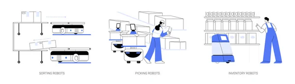 Autonomo Robot Mobili Astratto Concetto Vettore Illustrazione Set Smistamento Raccolta — Vettoriale Stock
