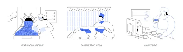Souprava Abstraktních Vektorových Ilustrací Zpracování Masa Mlýnek Maso Výroba Klobás — Stockový vektor