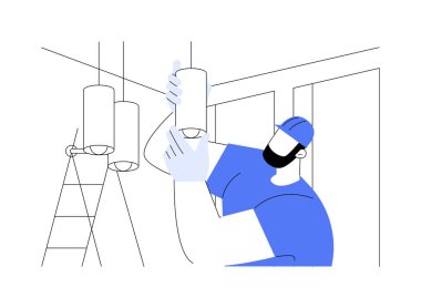 Aydınlatma kurulumu soyut konsept vektör çizimi. Yeni bir eve lambalar yerleştiren yerli elektrikçi, konut inşaatı, özel ev binası, iç metaforlar.