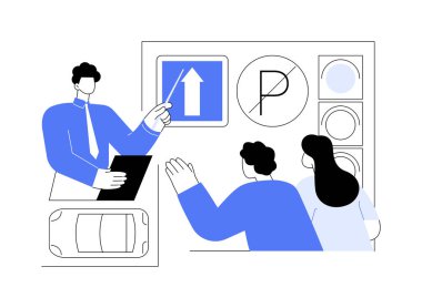 Trafik kurallarını öğren soyut konsept vektör çizimi. Bir grup insanın sürücü kursu, kişisel ulaşım, araba sürmeyi öğrenme, trafik yönetmelikleri soyut metaforlar üzerine teorik dersleri vardır..