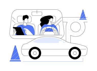 Temel manevra konsept vektör illüstrasyonunu öğren. Eğitmenle araba kullanmayı öğrenen kadın, kişisel ulaşım, araba kullanma kursu, ilkokul araç manevrası soyut metaforu..