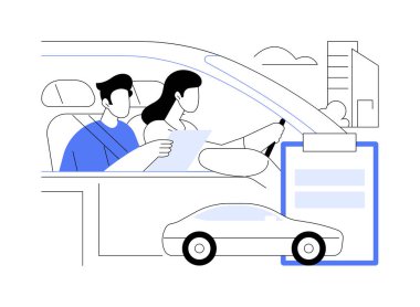 Yol testi soyut konsept vektör çizimi. Ehliyet sınavında eğitmenle birlikte olan genç bir kadın, bir araç kullanıyor, kişisel ulaşım, ehliyet sınavı, soyut bir metaforla yolda..